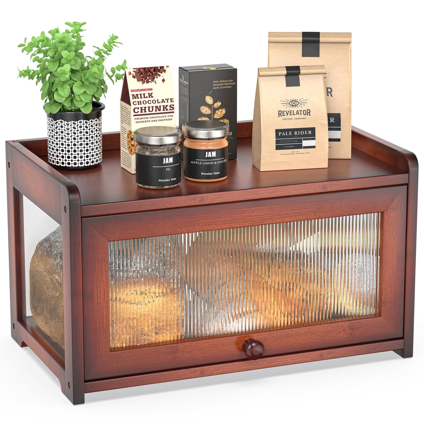 Bamboo Bread Box for Kitchen Countertop, Extra Large Farmhouse Bread Box with 4-Side Clear Panels, Wooden Bread Storage Container for Homemade Bread, Brown