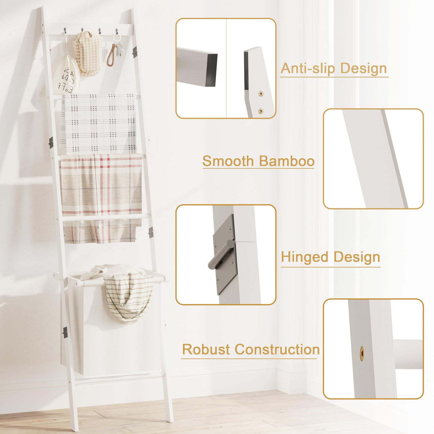 Bamboo Blanket Ladder with Basket, 5-Tier Quilt Rack Stand with 4 Hooks & Storage Hamper for Living Room Bathroom, Wall Leaning Decorative Ladder Shelf for Blankets Display (White)