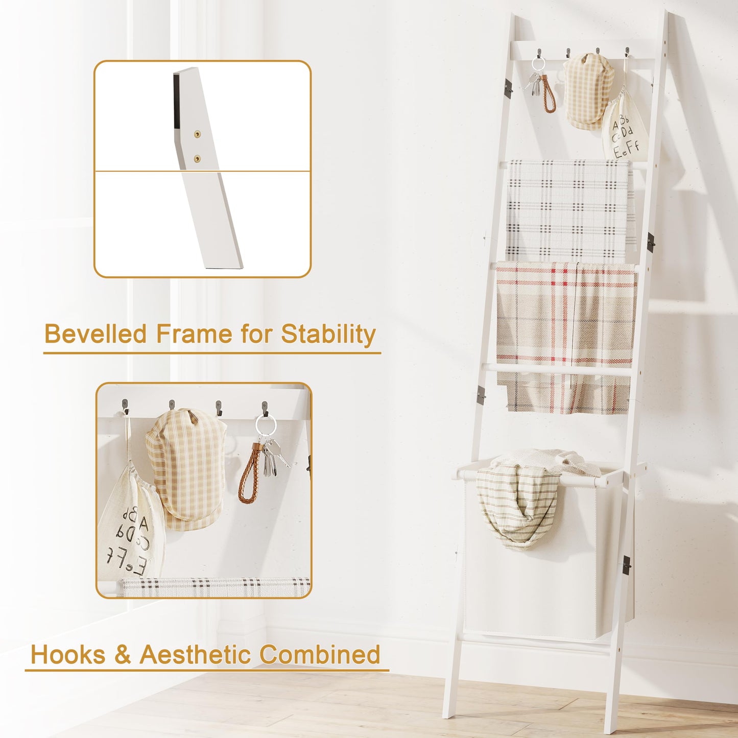 Bamboo Blanket Ladder with Basket, 5-Tier Quilt Rack Stand with 4 Hooks & Storage Hamper for Living Room Bathroom, Wall Leaning Decorative Ladder Shelf for Blankets Display (White)