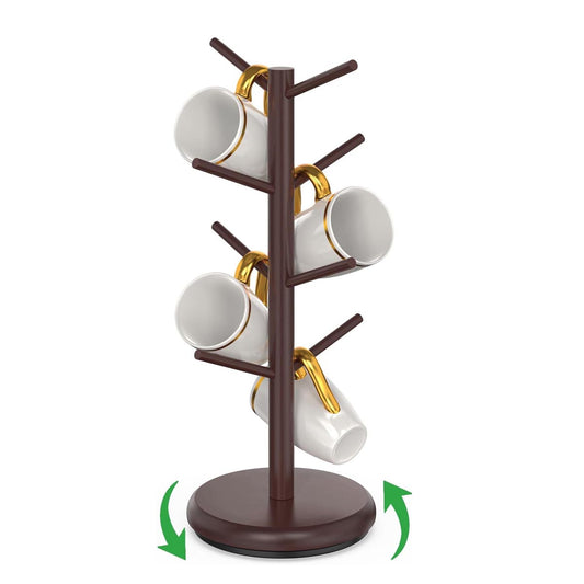 8 Hooks Bamboo Coffee Mug Tree Rotating Coffee Cup Holder (Brown)