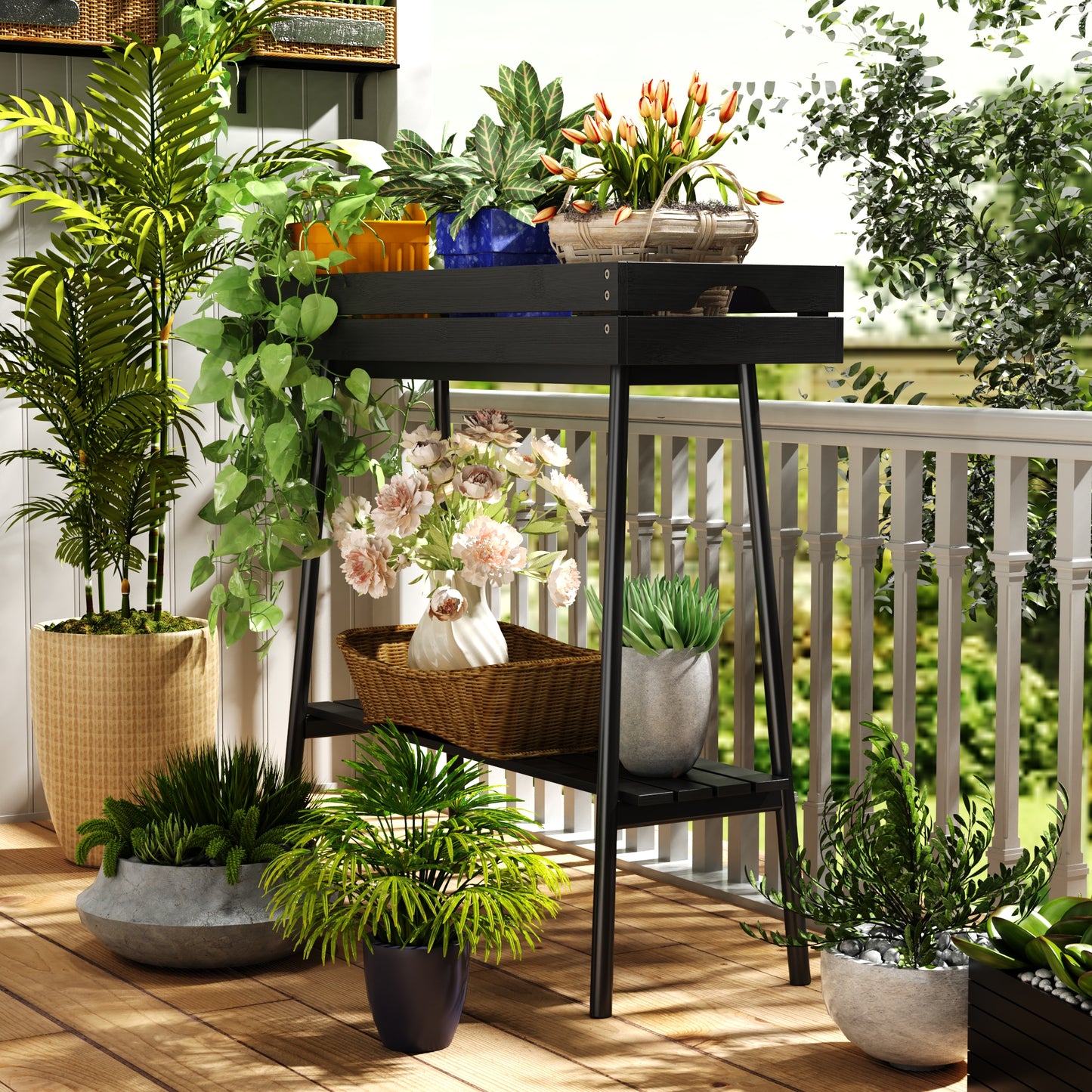 2-Tier Bamboo Plant Stand Table with Metal Legs (Black)